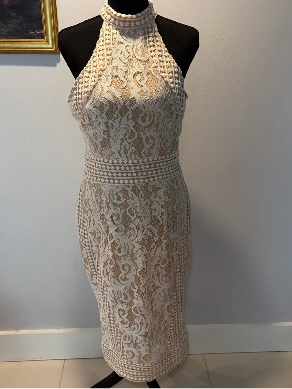 PrettyLittleThing  high neck lace Bodycon crochet midi dress Romantic 8